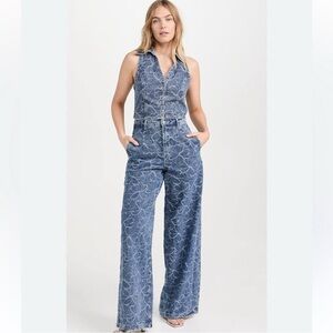 Ramy Brook Deacon Vest Adley Pants Floral Embroidered Denim Jean Set Wide Leg